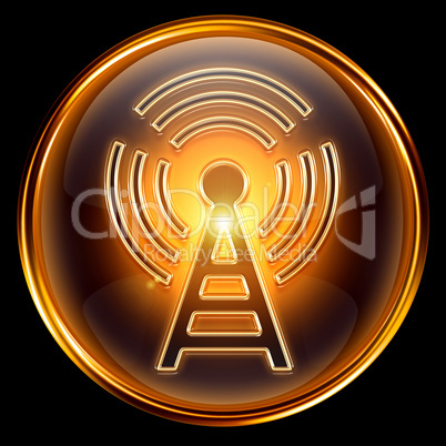 WI-FI icon golden, isolated on black background.
