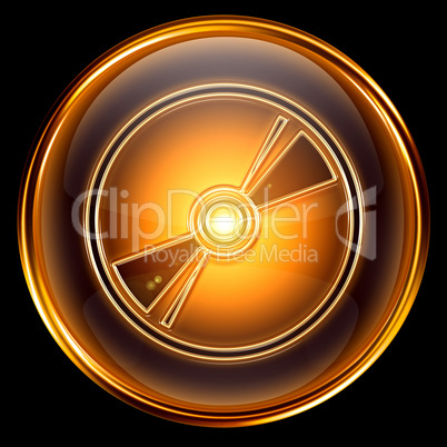 Compact Disc icon golden, isolated on black background.