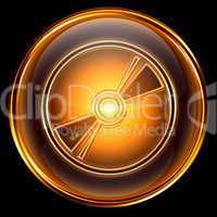 Compact Disc icon golden, isolated on black background.