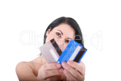 Credit cards in a hand of the woman. Focus on woman