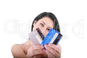 Credit cards in a hand of the woman. Focus on woman