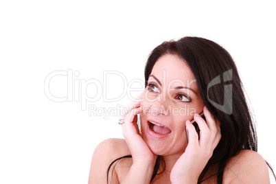 Happy businesswoman with cellphone, isolated on white
