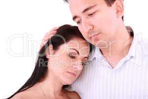 Man comforts woman. Isolated on a white background