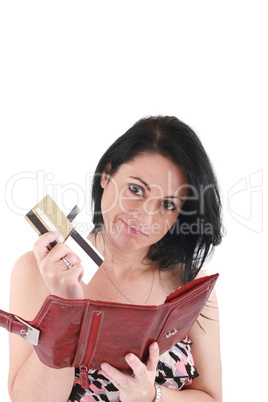 Young caucasian woman with empty wallet - broke and many credit