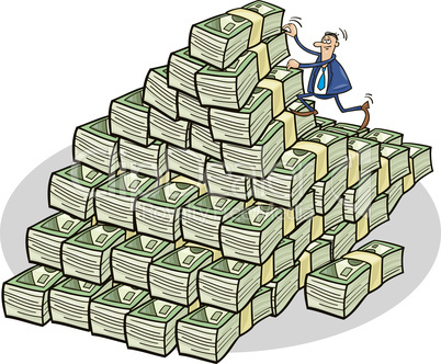 Businessman climbing on money mountain