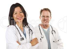 Hispanic Female Doctor and Male Colleague Behind