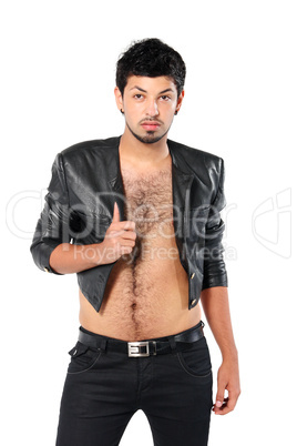 young man in a black leather jacket