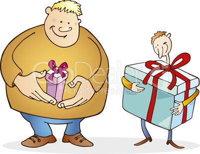 Big man with small gift and thin guy with huge one