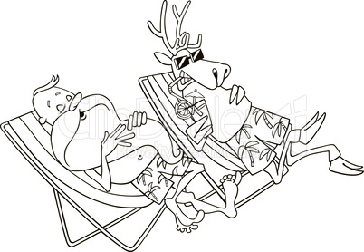 santa and reindeer having a rest for coloring
