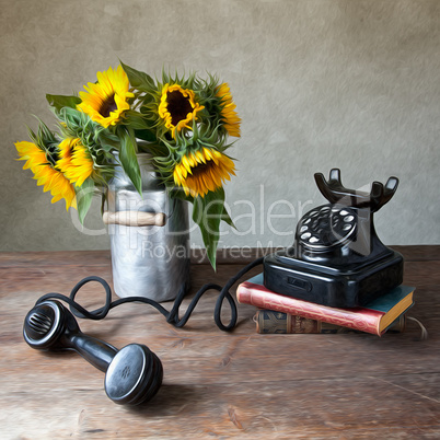 Telefon und Sonnenblumen
