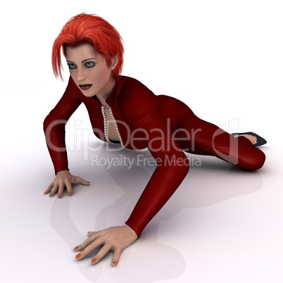 Am Boden liegende Frau im roten Lederanzug