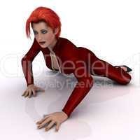 Am Boden liegende Frau im roten Lederanzug