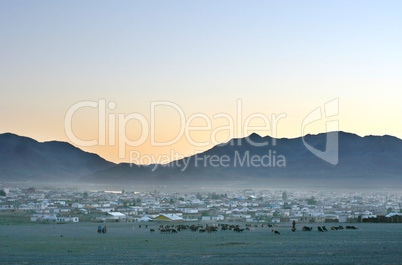 Mongolian village at sunset