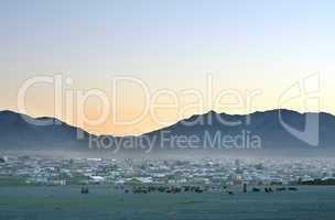 Mongolian village at sunset