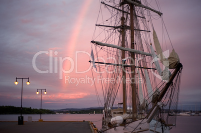 Sailing ship at sunrise