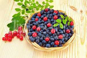 Blueberries with red currants on the board