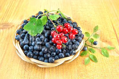 Blueberries with sprigs of red currants on the board