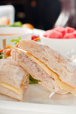 tuna and cheese sandwich with salad