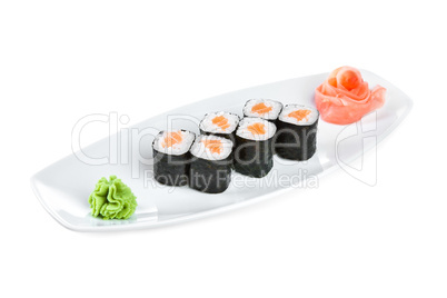Sushi (Roll syake maki) on a white background