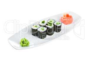 Sushi (Kappa maki roll) on a white background