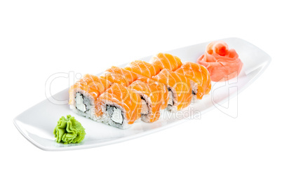 Sushi (Roll unagi maki syake) on a white background