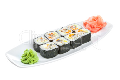 Sushi (Roll unagi maki) on a white background