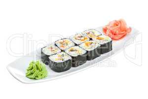 Sushi (Roll unagi maki) on a white background