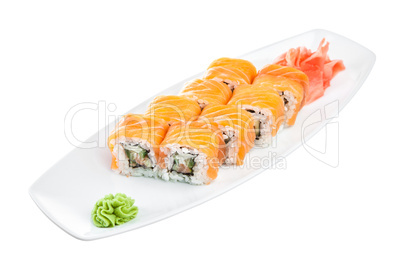 Sushi (Roll unagi maki syake) on a white background