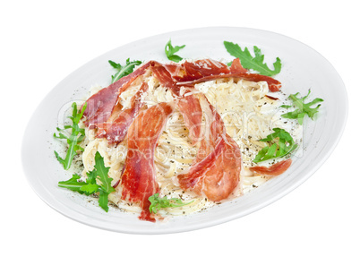 Appetizing noodles with bacon and cheese