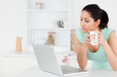 Lovely young woman looking to screen of laptop