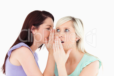 Portrait of a young woman telling her friend a secret