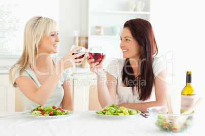 Smiling Women toasting with wine