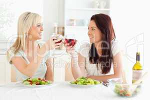Smiling Women toasting with wine