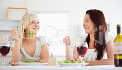 Cheerful women eating salad