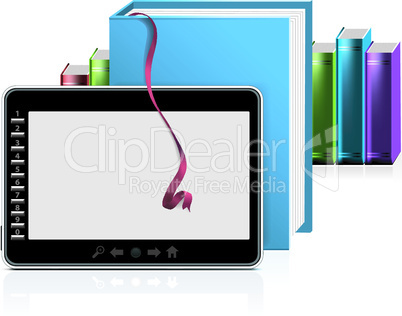 E-book reader with stack of books on white