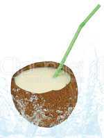 Coconut with a cocktail straw and water drops.