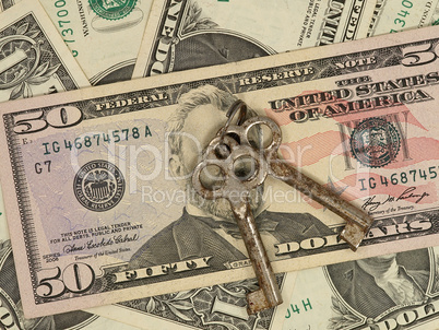 Keys on a dollar banknotes.