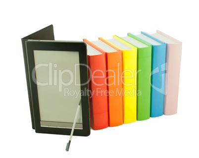 Row of colorful books and electronic book reader isolated on white