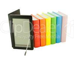 Row of colorful books and electronic book reader isolated on white