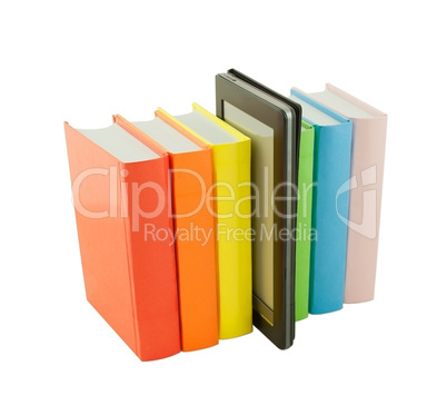 Row of colorful books and electronic book reader isolated on white