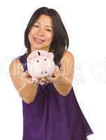 Smiling Hispanic Woman Holding Piggy Bank on White