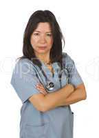 Serious Hispanic Doctor or Nurse on White