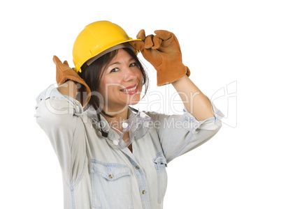 Attractive Hispanic Woman with Hard Hat, Goggles and Work Gloves