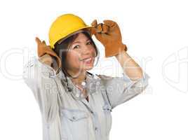 Attractive Hispanic Woman with Hard Hat, Goggles and Work Gloves
