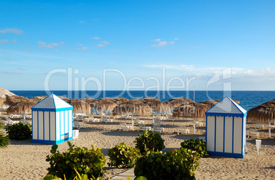 Beach of the luxury hotel at sunset, Tenerife island, Spain