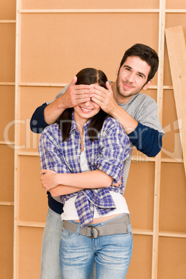 New house young happy couple closed eyes