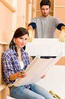 Home improvement young couple with blueprints