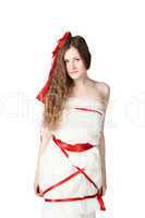 Young Bride Wrapped With Red Ribbons