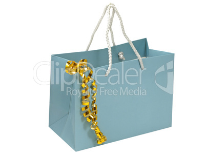 Blue gift bag with golden decorative tape.