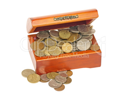 Old wooden chest with coins.